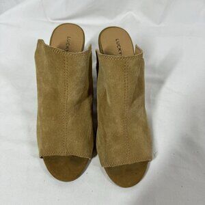 Lucky Brand Reygan Anthropologie Camel Tan Suede Leather Sandal Wedge Clog 9.5‎